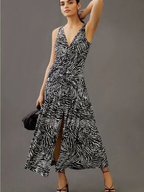 Anthropologie V-Neck Ruched Front Maxi Dress